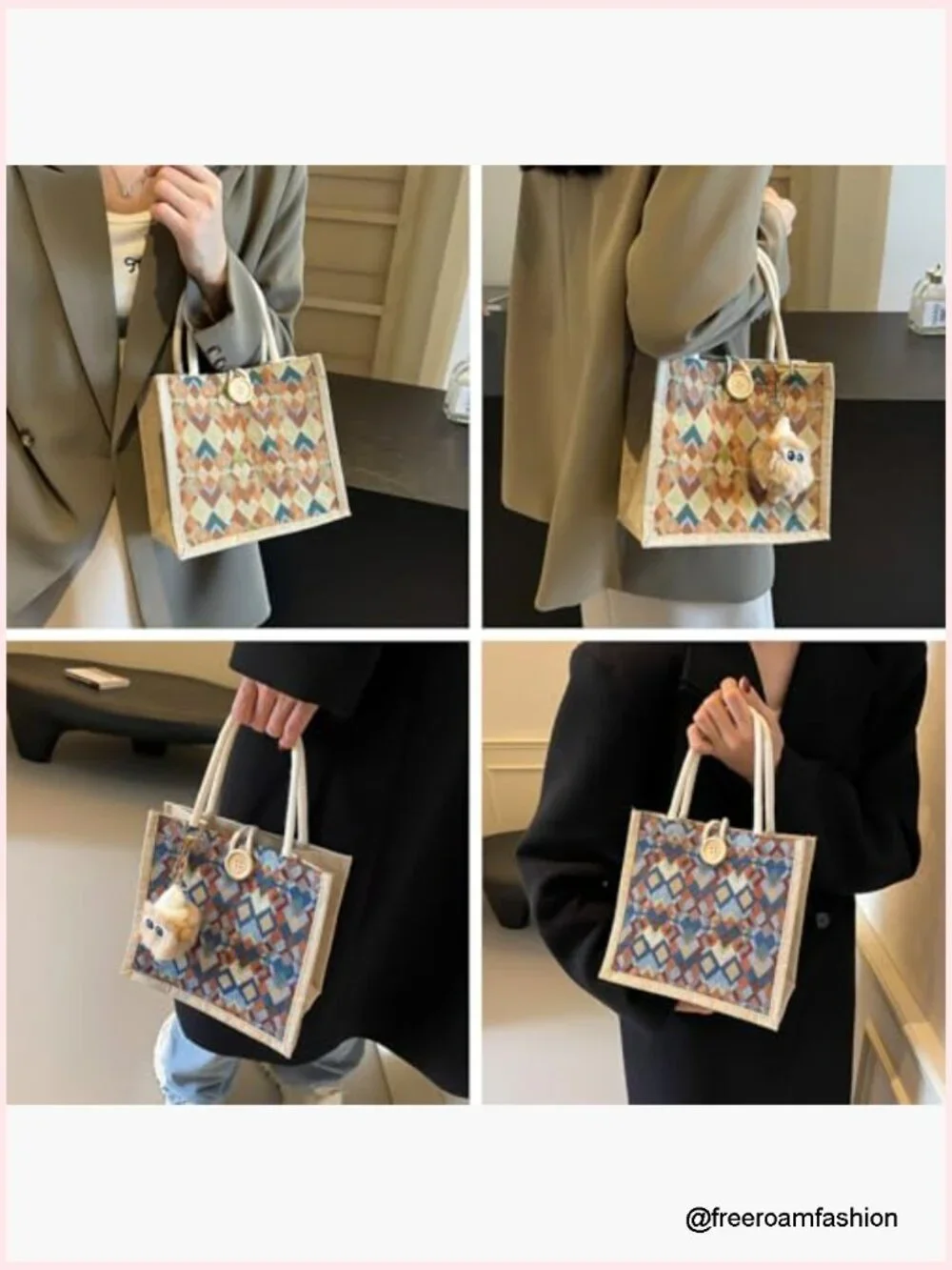 Small Jute Tote Bag Set, 2-Piece Embroidered Reusable Grocery Bags